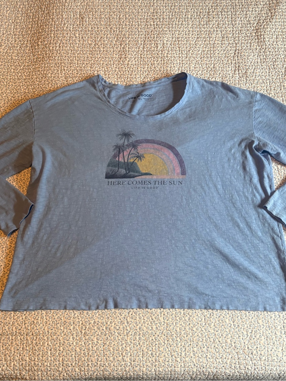 Life Is Good Blue Long Sleeve Tee with Sunset Graphic